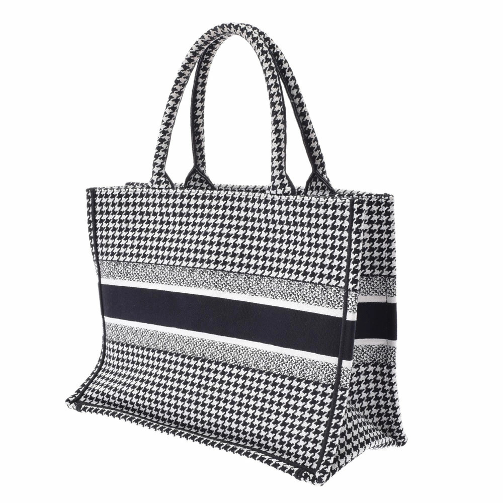 Dior Tote Canvas White Houndstooth Embroidery Black Book Handbag CHRISTIAN  Bag